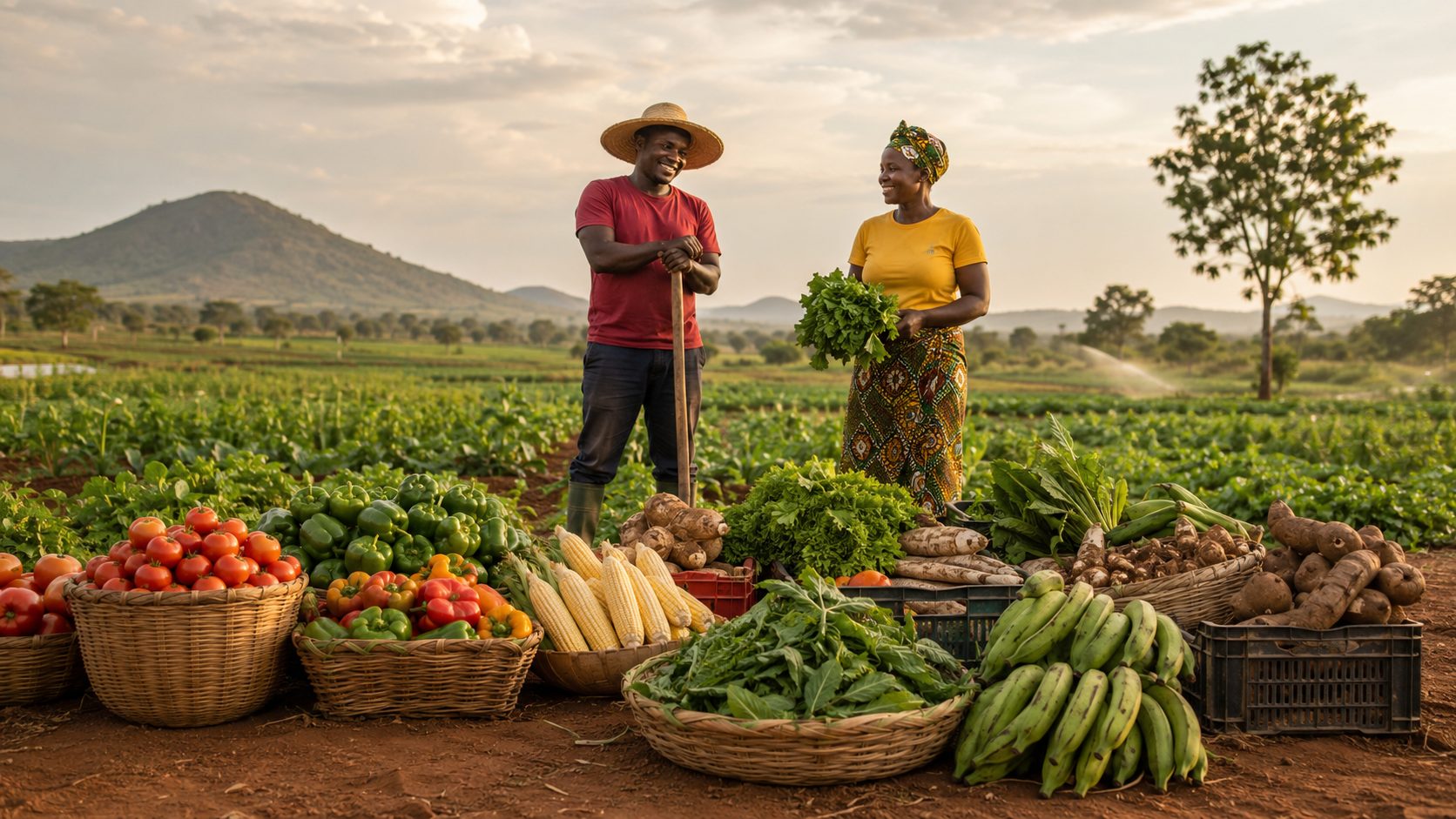 Farmers presenting a fresh harvest of vegetables and food crops