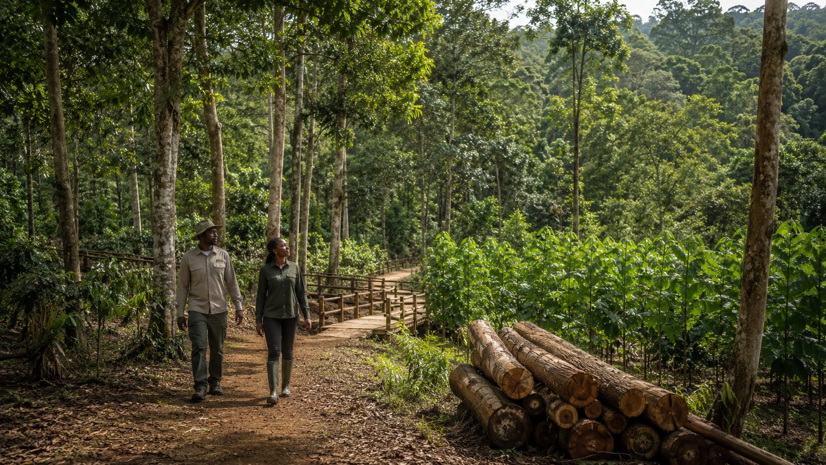 ExploreLand forestry team inspecting a sustainably managed woodland